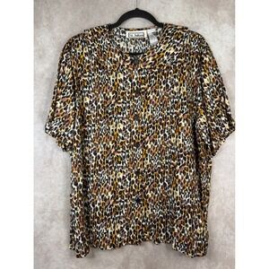 VTG 90s  St. Julian Blouse Women 18W Brown Leopard‎ Print Peter Pan Collar